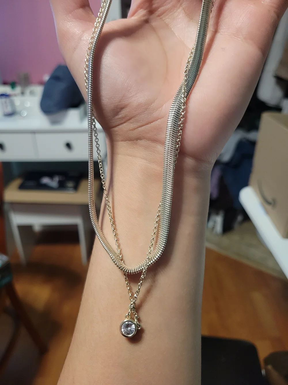 Elegant Dual-Layer Silver Necklace with Clear Pendant